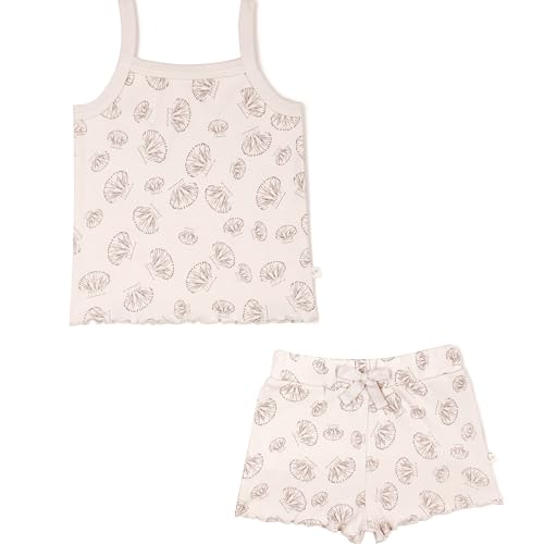 Image of MakeMake Organics GOTS Certified Organic Cotton Baby Kids Toddler Girl Top and Short Outfit Set - Seashells, 5-6 Years