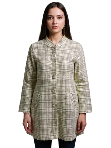 Women?s Checked Wool Long Cardigan with Front Buttons White-image-3