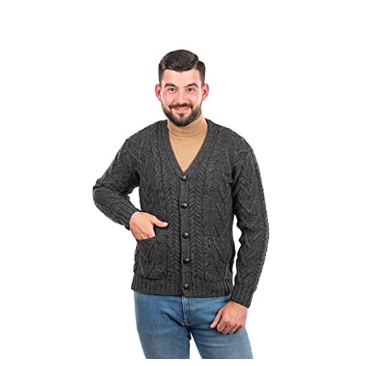 SAOL Herr Aran Irish Cable Knit kofta i 100 % merinoull med V-ringning och knappar och fickor