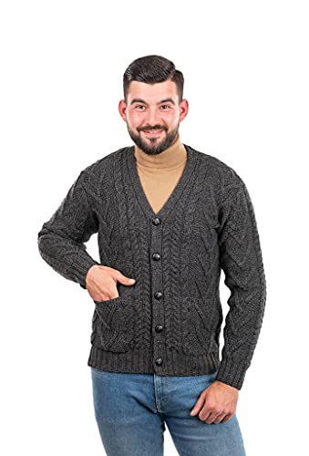 SAOL 100% Merino Wool Men's Aran Cable Knit V Neck Casual Irish Cardigan with Buttons and Pockets