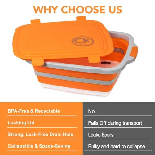 New Extra LARGE Collapsible BBQ Prep Tub with LOCKING LID & Meat Resting Bag - BPA Free Foldable Cutting Board with Lid, Leak Free, Strong Drain Hole for Meal Prep, Marinating & Grilling (Orange, 16L) - Image 6