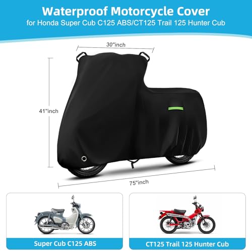 Image of Motorcycle Cover Waterproof for Honda Super Cub C125 ABS /CT125 Trail 125 Hunter Cub, Heavy Duty Outdoor Sun UV Rain Dust All Weather Protection Motorbike Cover with Soft Cotton Lining & Lock Hole