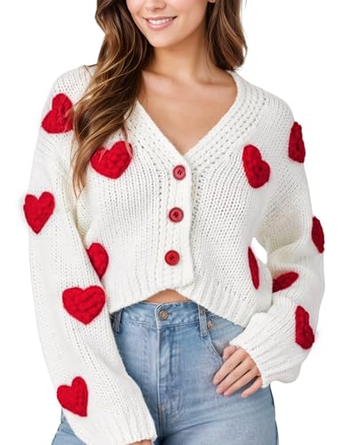 Women Valentines Day Cropped Cardigan Sweaters Love Heart Printed Open Front Button Down Knit Sweaters Tops