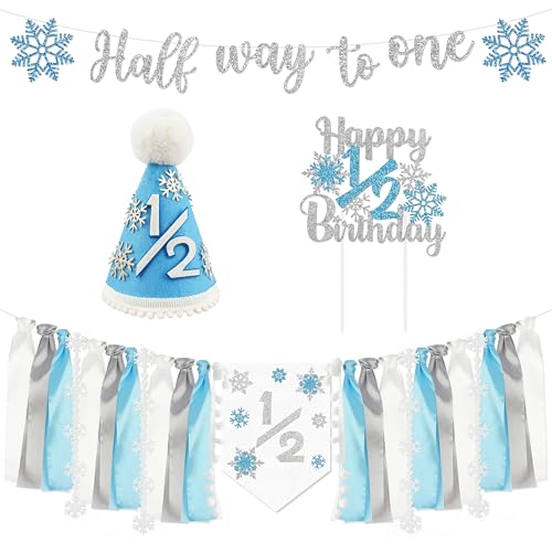 Image of 1 /2 Birthday Snowflake Half Birthday Decorations - Snowflake It's My 1 /2 Birth Banner Glitter Cake Topper Tassel High Chair Banner & Crown, Hat Halfway to One Boy Girl Party Supplies