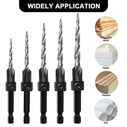 Behappy Countersink Drill Bit Sets, 5Pcs M2 Hss Tapered Countersink Drill Bit#4, 6, 8, 10, 12 Tapered Bit With 1/4" Hex Shank Quick, Allen Wrench, Counter Sinker Drill Bit Set For Woodworking #TOP5