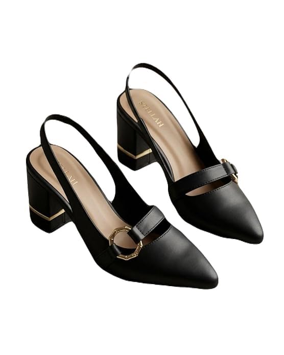 stellah Elegant Women’s Black Slingback Heels | Pointed Toe Block Heel Pumps with Metal Buckle Detail | Stylish Formal Footwear for Women-picture-40