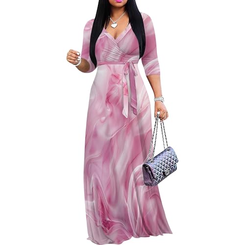 Image of PinkPatty Women's Print Maxi Dresses 3 /4 Sleeve Flowy Long Dress V Neck Wrap Tie Waist Sundress
