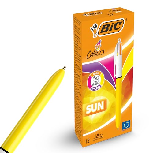 BIC - Paquete de 12 bolígrafos de sol de 4 colores, retráctiles, diseño de barril de color amarillo, bolígrafo multicolor con cuatro tintas vibrantes surtidas, bolígrafos multicolores, todo en uno