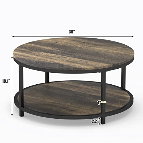 Wiberwi Round Coffee Table 35.8" Rustic Vintage Industrial Design Furniture Sturdy Metal Frame Legs Sofa Table Cocktail Table With Storage Open Shelf For Living Room, Easy Assembly, Vintage Brown #TOP2