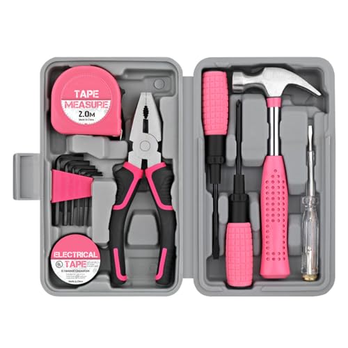 Juego de llaves de trinquete, kit de reparación del hogar, combinación de herramientas de mano mixtas, martillo duradero y llave Allen, bolígrafo de prueba, cinta eléctrica, kit de herramientas rosa