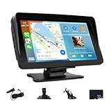 Camecho Wireless Carplay & Android Auto, Portable 7 Inch Touchscreen Car Stereo with Airplay, Bluetooth Handsfree, Mirror Link, Voice Control, AUX/FM Transmitter, Dash or Windshield Mount