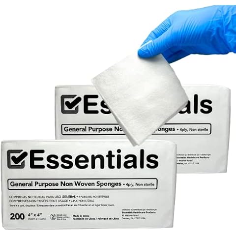 Essentials Non-Sterile Gauze Sponges – 200 Count (Pack of 2), 4-Ply, 4’’ x 4’’ Gauze Pads, Two Pack, Non-Woven Gauze Sponges - Pack of Two, Wound Care Product for First Aid Kit/Medical Facilities Cover