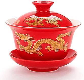 YBK Tech Porcelain Kung Fu Tea Cup and Saucer with Lid, Chinese Traditional Gaiwan Sancai Tea Bowl Tea Set Dragon Pattern (Red (Slightly Bigger))