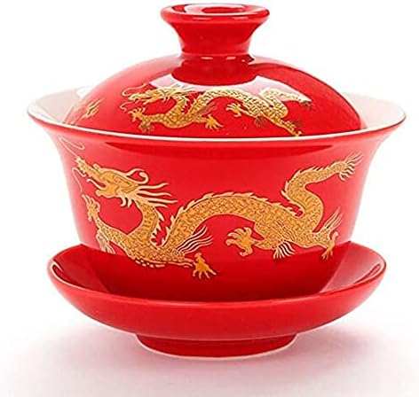 Porcelain Kung Fu Tea Cup and Saucer with Lid, Chinese Traditional Gaiwan Sancai Tea Bowl Tea Set Dragon Pattern (Red (Slightly Bigger))