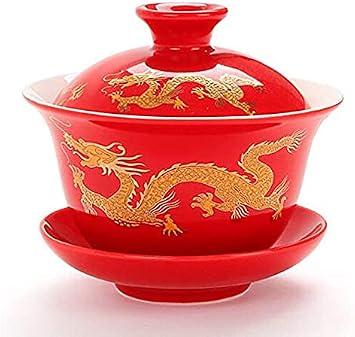 Ceramic Kung Fu Teacup, Chinese Gaiwan-Dragon Red, Slightly Bigger