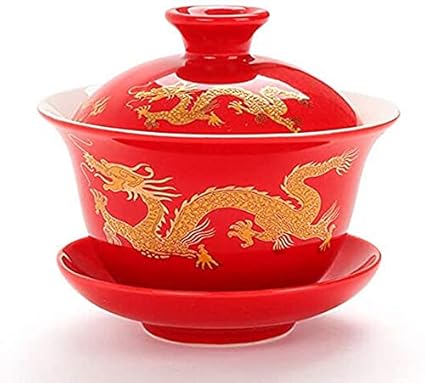 YBK Tech Porcelain Kung Fu Tea Cup and Saucer with Lid, Chinese Traditional Gaiwan Sancai Tea Bowl Tea Set Dragon Pattern (Red (Slightly Bigger))