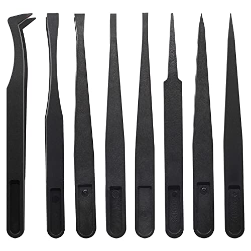 Bonsicoky 8Pcs Precision Plastic Tweezers 4.5-4.8 Inch Black