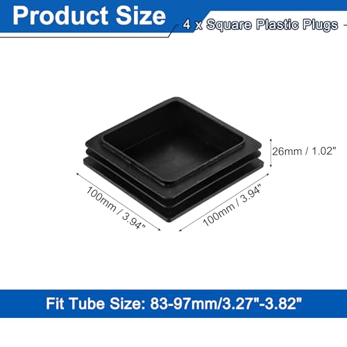 Image of uxcell 4Pcs Square Plastic Plugs, 100 x 100mm /3.94 x 3.94inch PE Pipe Tubing End Caps for 83-97mm /3.27-3.82inch Square Tube Furniture Chair Leg, Black