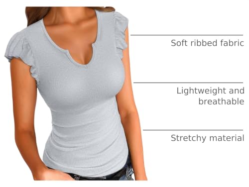 Image of VICHYIE Summer Women Ruffle Cap Sleeve Pretty Fitted Shirt | Ribbed Knit, Basic, Casual, Fashion Blouse, Solid Color