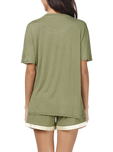 Invug Women Nightwear Short Sleeve Shirt and Shorts Pajama Set V Neck Sleepwear Army Green M
