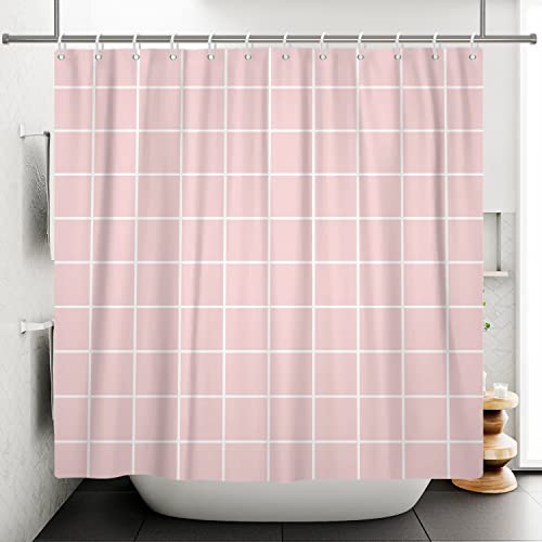 Beiyongde Shower Curtain For Bathroom, Pink Checkered Shower Curtain With 12 Hooks Machine Washable Waterproof Shower Curtain, 72 Inch #TOP2
