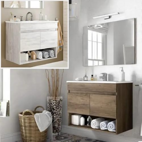 Bagno Italia Mobile bagno sospeso 80 cm Rovere Nordik con lavandino specchio arredo moderno sospeso...