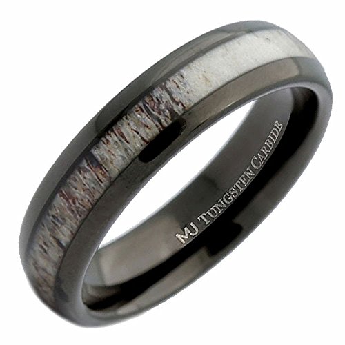 Custom Engraved 6mm Natural Deer Antler Inlay White Tungsten Carbide or Black Plated Ring