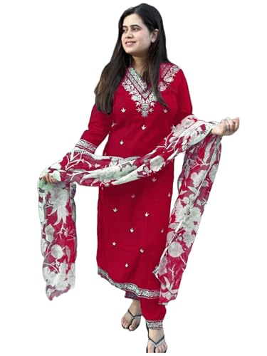 Image of GoSriKi Women's Rayon Blend Straight Embroidered Kurta with Pant & Dupatta