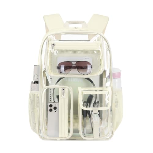 Image of Cusangel Clear Backpack Heavy Duty For Sport Events,TPU Beige 16in Bookbag | See Through Plastic Stitch Durable Design 6-Pocket For School Boys Adults work Airport Quick Security,Large capacity backpack