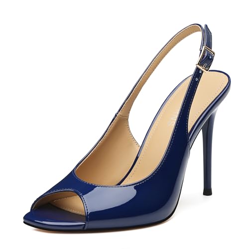 WAYDERNS Navy Blue Peep Toe High Heels for Women Slingback V Peep Toe Women's Pumps Patent Leather Stiletto Heels Sling Back Thin Heels Bride Party Clubbing Dress Shoes with 4 Inch Heel Size 9