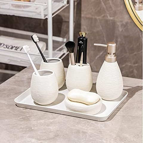 BLBYHO 6 Pieces Ceramic Beige Bathroom Accessory Set, Country Farmhouse Bath Vanity Countertop Accessories, Rustic Bathroom Accessories Include Soap Dispenser, Toothbrush Holder, 2 Tumbler, Soap Dish Cover