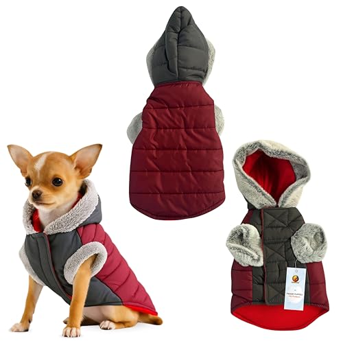 Image of Foodie Puppies Dog Puffer Hoodie Warm Winter Jacket - (Maroon Grey, 12 Inch) for Extra Small and Puppies | Ultra Warm Waterproof & Windproof Fur Coat | Washable Pet Vest Apparel for Cold Weather