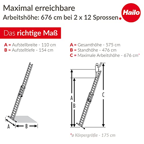 Hailo S80 ProfiStep Duo Alu-Schiebeleiter - 2 x 12 Sprossen belastbar bis 150 kg - Rastsystem mit Anhebesicherung - sprossenweise höhenverstellbar - Aluleiter Made in Germany - rostfrei - Silber