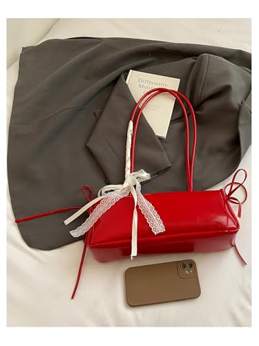 Women's Lace Bowknot Double Handle Shoulder Handbags Y2K Zipper PU Leather Underarm Bags Cute Purses4