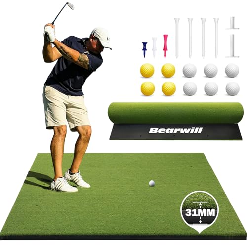 Bearwill Golf Mat 31mm, 5FT x 4FT Golf Hitting Mat for Indoor Outdoor Practice, High-Elasticity Elite Artificial Grass Simulator Turf Mat for Chipping Swing Driving Training