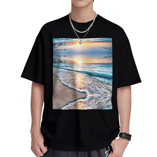 T-shirt manches courtes homme coton respirant coupe droite col rond motif soleil ocean taille L