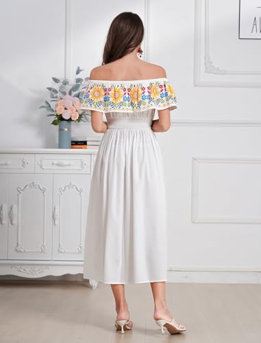 Image of IDOPIP Mexican Dress for Women Off Shoulder Traditional Mexican Fiesta Dress Floral Sunflower Cinco De Mayo Mexican Outfit