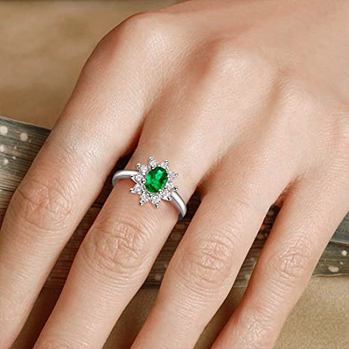 Valentines Day Ring Gifts For Women Cacestone Sterling Silver Gemstone 1 Carat 5X7Mm Created Emerald May Birthstone Oval Engagement Ring Classic Statement Rings Princess Diana Ring For Women Her Adjustable Size #TOP4