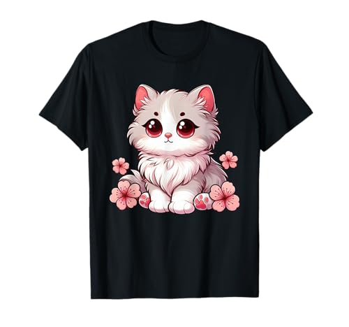 Chat mignon avec fleurs de cerisier dessin animé dessin animé T-Shirt