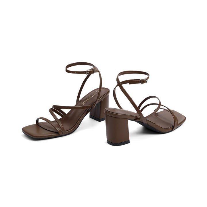 Image of LACUONE Strappy Heels for women Block Heels Square Toe Chunky Ankle Buckle Pump Heeled Sandals