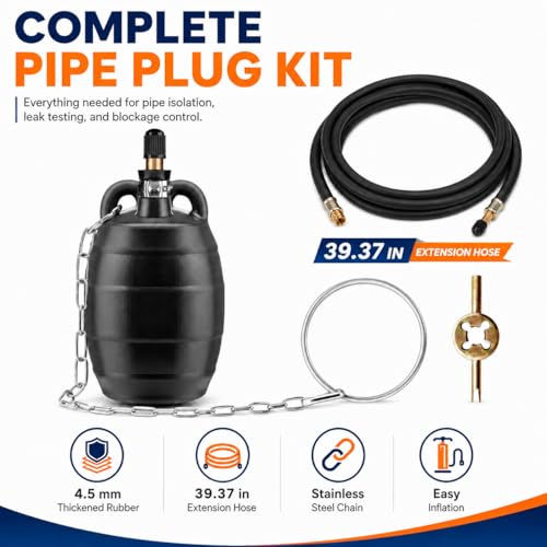 Image of 2 Inch Inflatable Pipe Test Plug, Sewer Test Ball with 39.4 Inch Hose | 4.5mm Natural Rubber, 1.8 x 4.7 Inch Body, Max 5 PSI, Copper Valve, Steel Chain & Retention Ring