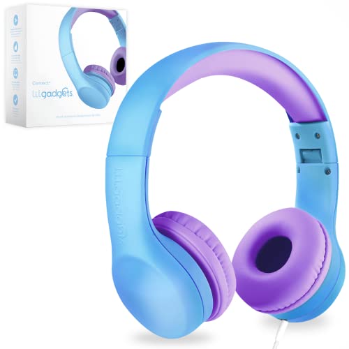 LilGadgets Connect+ Premium Kids Headphones with Microphone, Headphones for Kids for School - Foldable Toddler Headphones, Blue/Purple