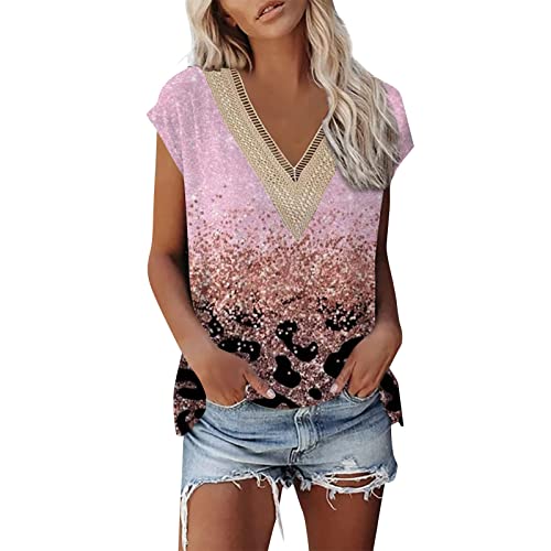 Women Floral Tops Summer 2023 Elegant Loose Short Sleeve Lace Shirt Boho Clothes Casual Fashion Blouses Tee Shirt,Ladies V-Neck Printed Fitting Comfy Plus Size Going Out Top(C-Brown,X-Large) #TOP12