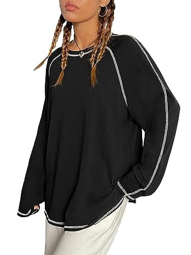 Photo 1 of Casual Long Sleeve Oversize Tee Shirt Crewneck Pullover Loose Tops - X-Large Black