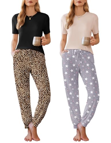 Image of Ekouaer Pajamas for Women Set 2 Pack Lounge Set Short Sleeve Pjs Joggers Long Pants Loungepwear with Pockets