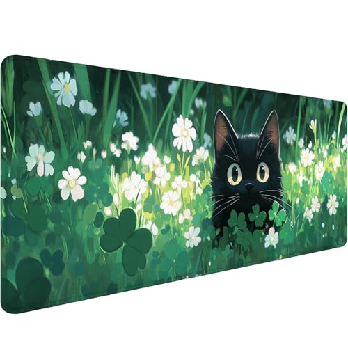 Anime Cat Desk Mat Cute Black Cat Green Clover Kawaii Mousepad XL Large Gaming Mouse Pad Laptop Keyboard Mat Desk Pad 31.5"x11.8" Office Computer Keyboard Laptop Home