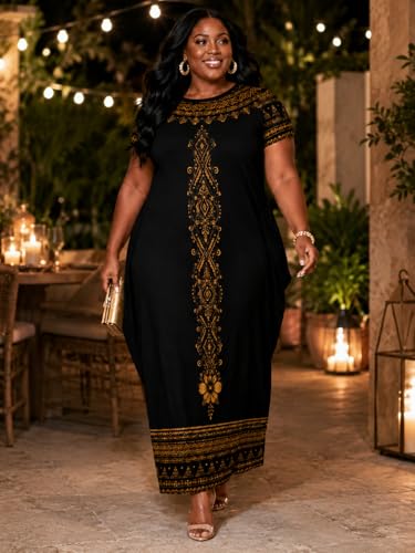 Image of Plus Size Maxi Dress for Women Short Sleeve V Neck Casual Loose Sundress with Pockets