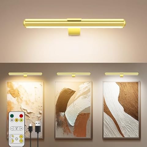 Battery Wall Picture Light with Remote,Painting Light for Wall Rechargeable, 3 Lighting Modes Full Metal Art Display Light Indoor,Dimmable Frame Light for Gallery Pictures Paintings Dartboards-Gold Cover