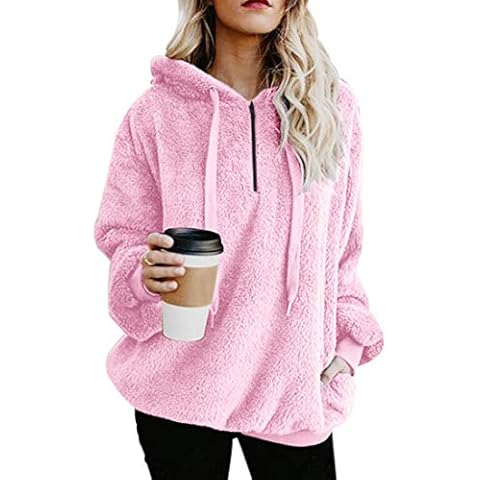 Durio Hoodie Damen Oversize Kapuzenpullover Decke Hoodie Teddy Fleece Pullover Übergroßer Sweaterpullover Winter Warm Rosa XL Cover