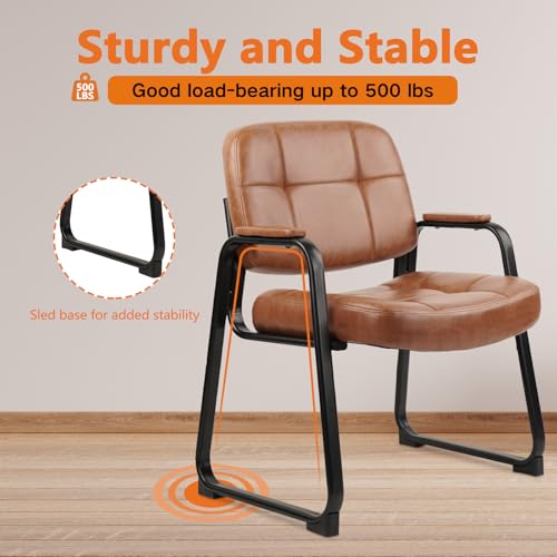 Image of CLATINA Big & Tall 500 lbs Waiting Room Chairs with Padded Armrests and Sled Base, Leather Stationary No Wheels Office Guest Chair for Reception Lobby Home and Meeting Conference, Brown (8 Pack)